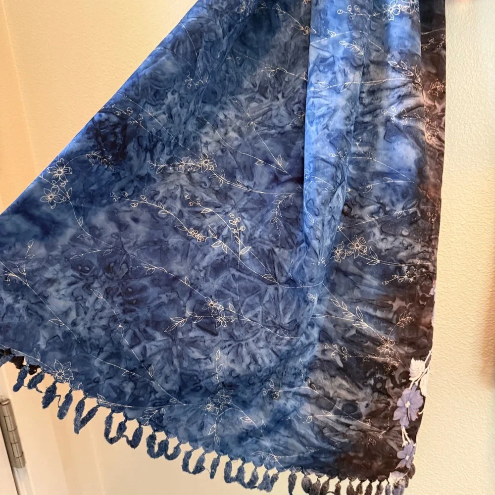 Batik Floral Silky Tassel Fringe Shawl Scarf Blue Brown Tie Dye 60 Inch
